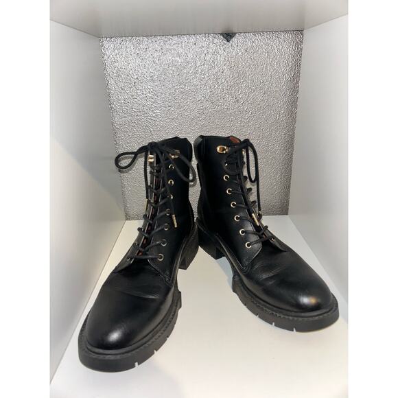 Coach Biker Combat Goth Mid Black Leather Calf Round Toe Lace up Combat Boots - Picture 2 of 12